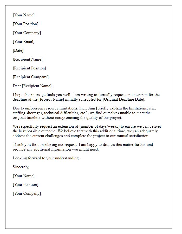 Letter template of project deadline extension request due to resource limitations.