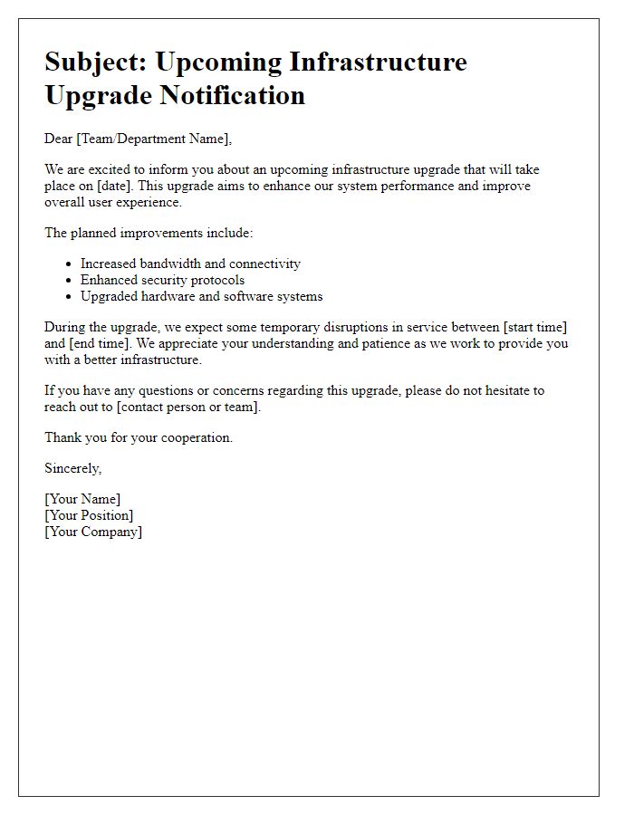 Letter template of infrastructure upgrade message