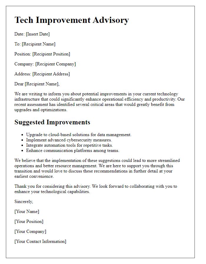 Letter template of tech improvement advisory