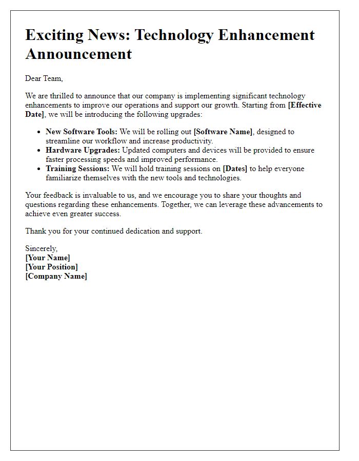 Letter template of technology enhancement announcement