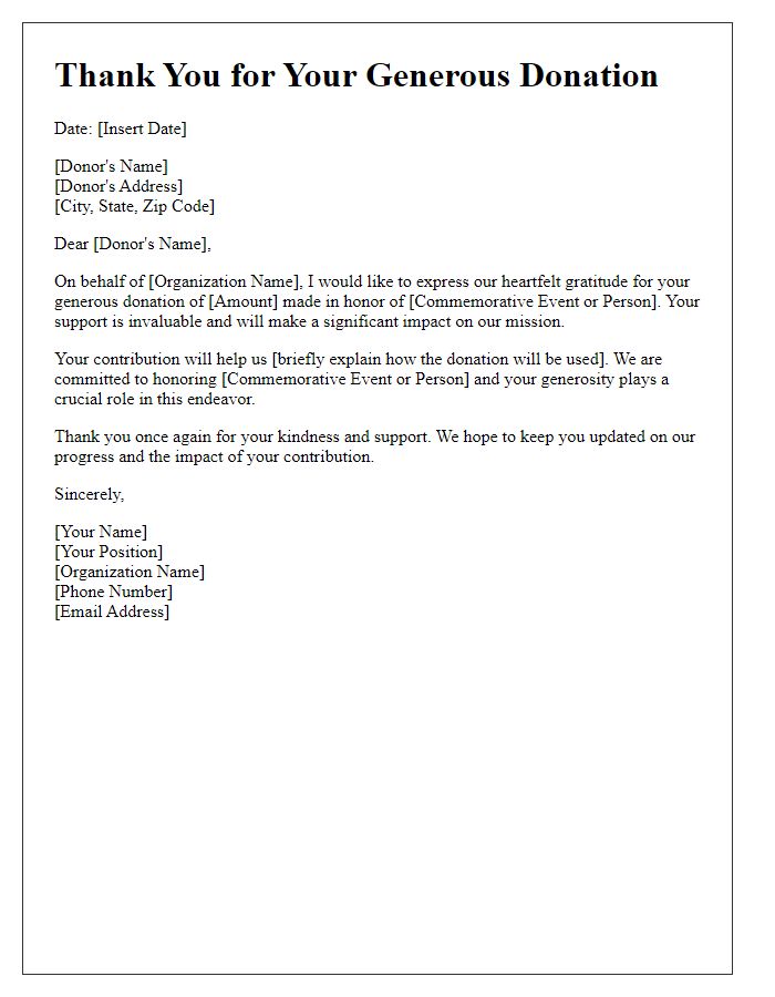 Letter template of commemorative event donation acknowledgment