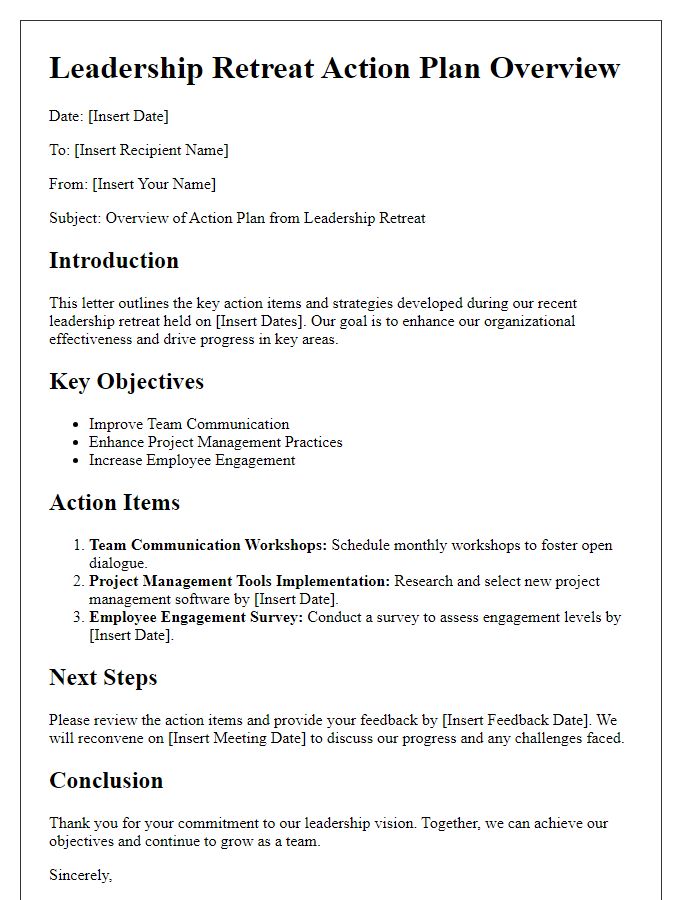 Letter template of leadership retreat action plan overview