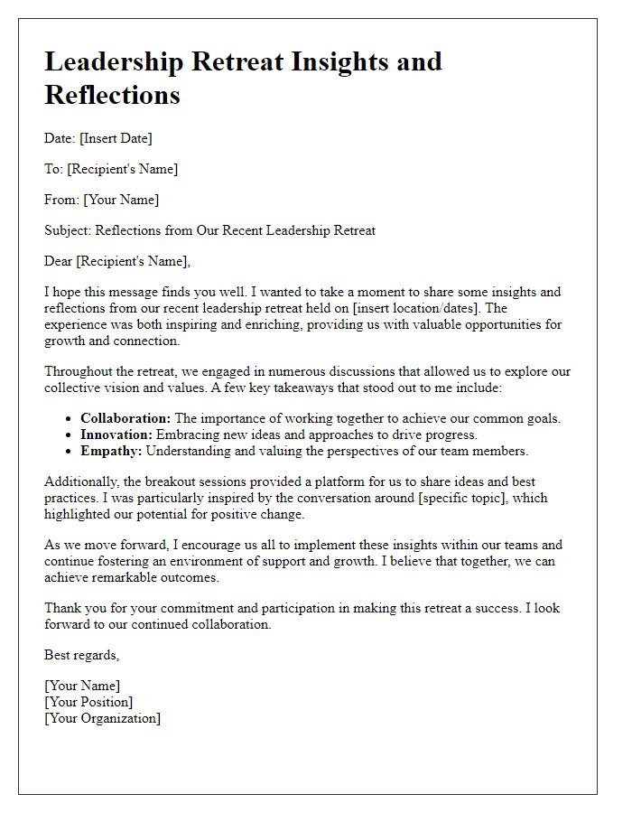 Letter template of leadership retreat insights and reflections