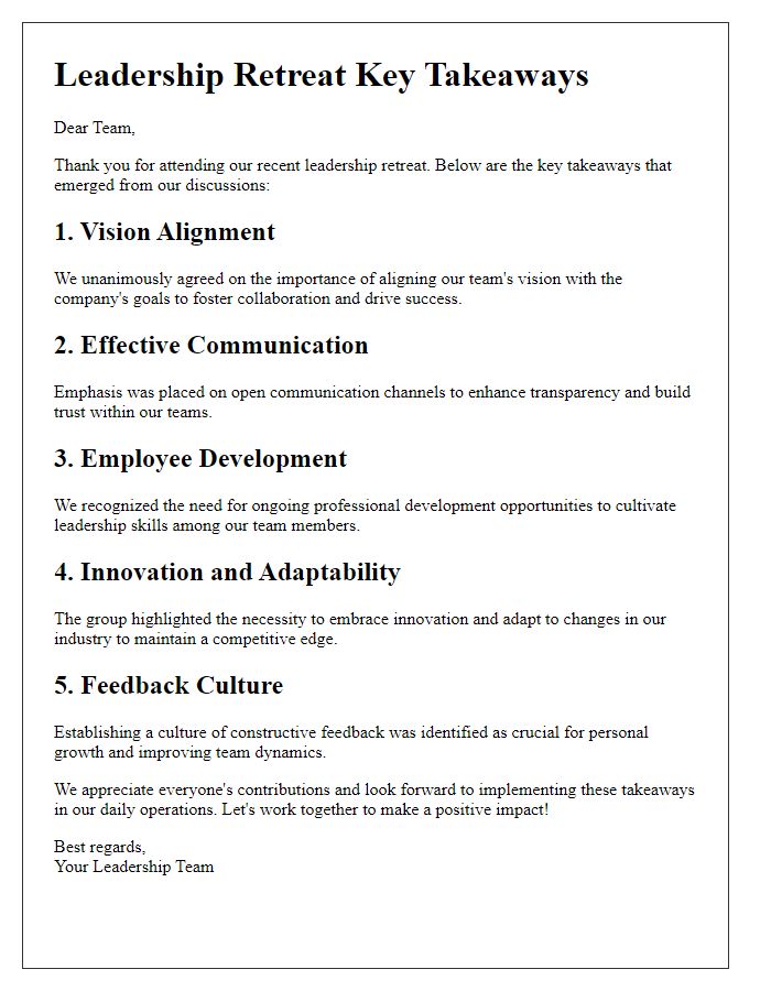 Letter template of leadership retreat key takeaways