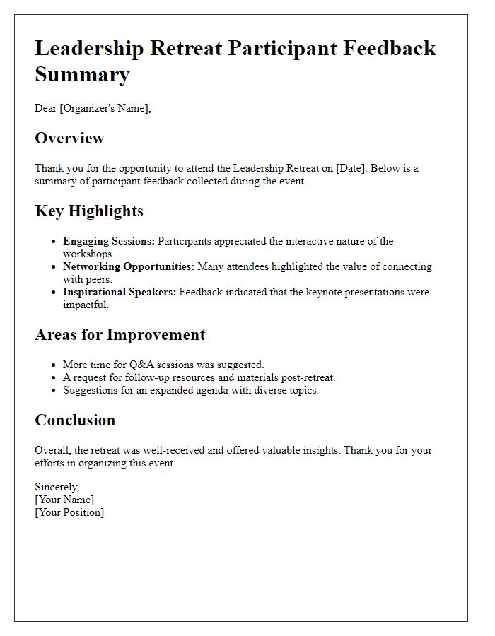 Letter template of leadership retreat participant feedback summary