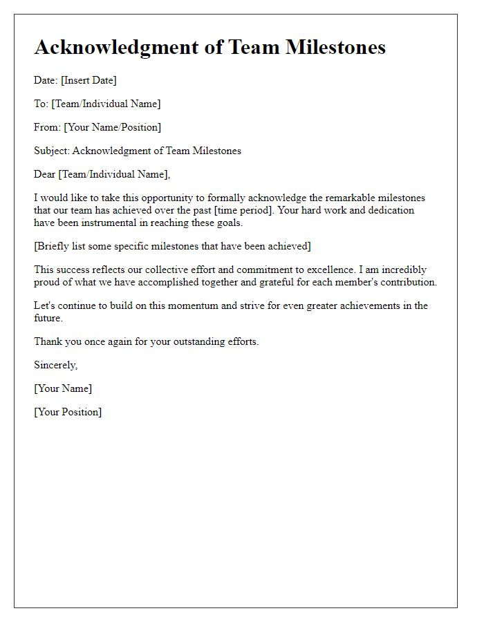 Letter template of Acknowledgment for Team Milestones