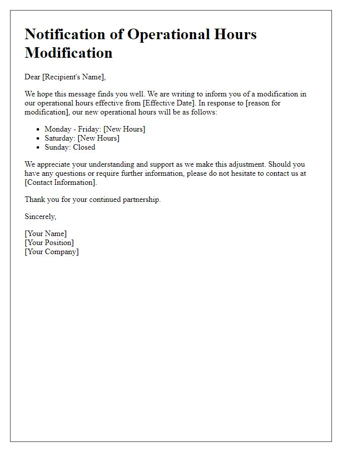 Letter template of advisory for operational hours modification