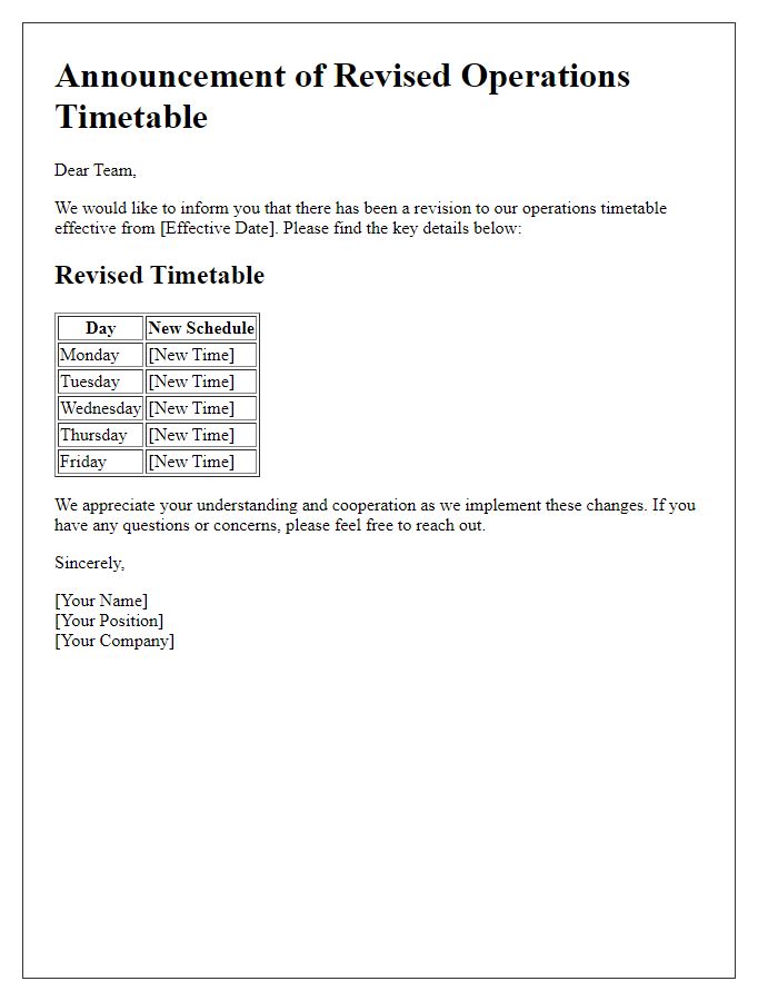 Letter template of communication about revised operations timetable