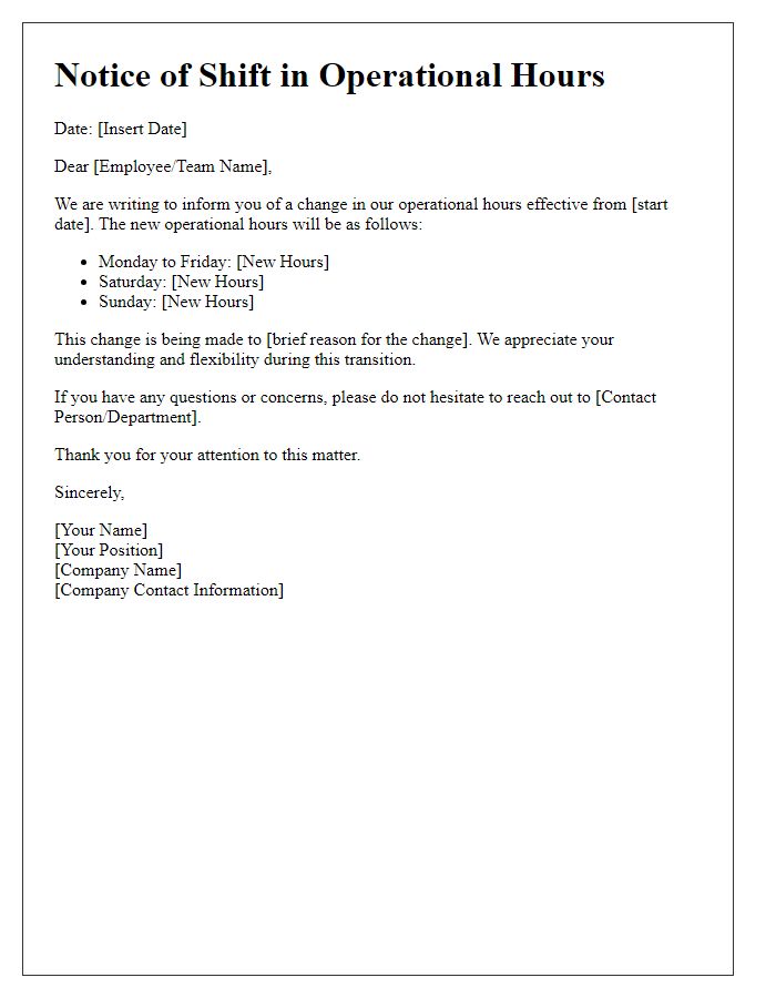 Letter template of correspondence for shift in operational hours