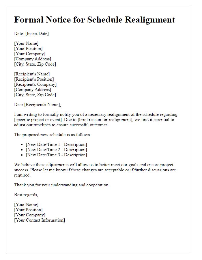 Letter template of formal notice for schedule realignment