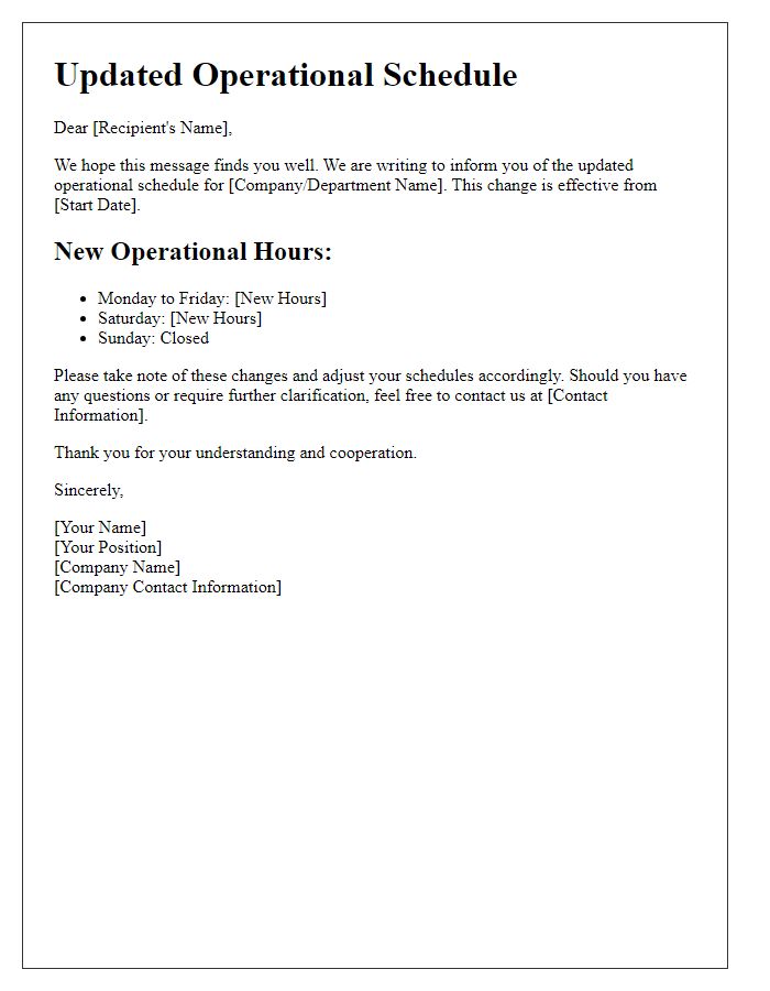 Letter template of information on updated operational schedule