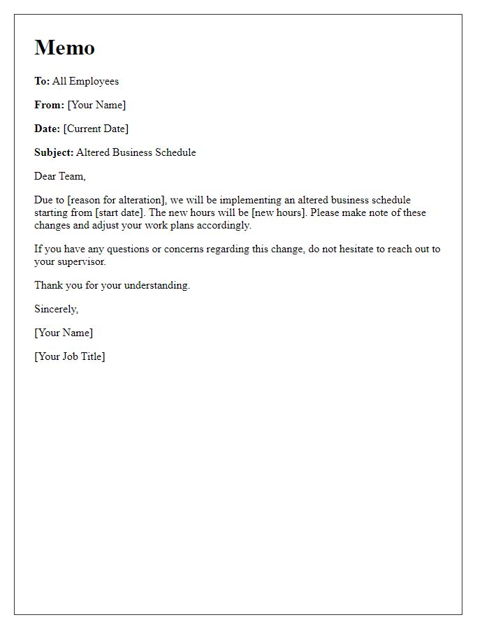 Letter template of memo on altered business schedule