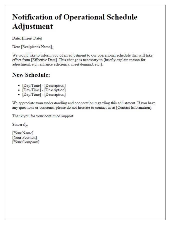 Letter template of notification for operational schedule adjustment