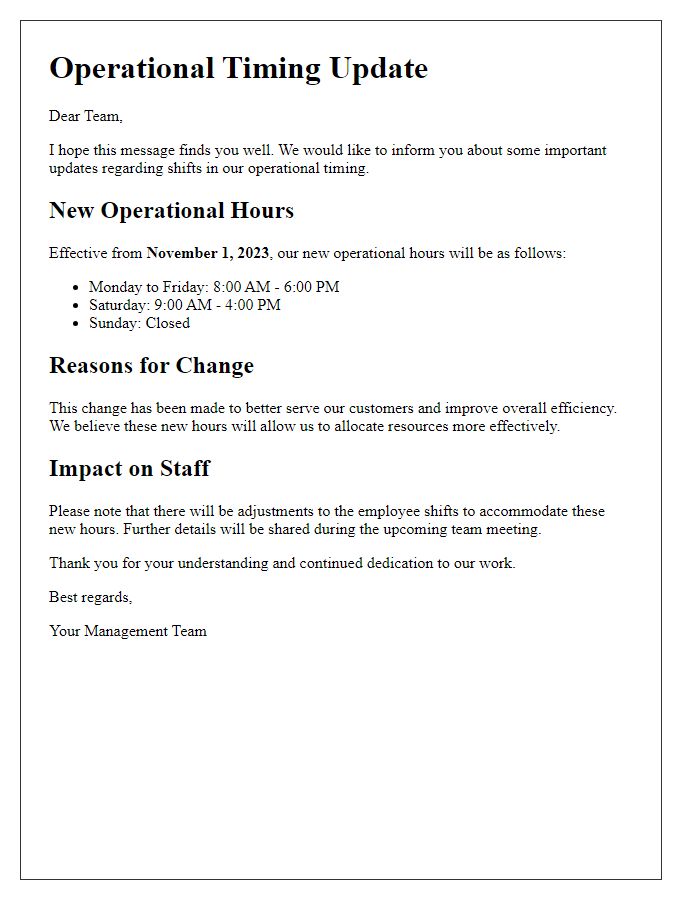 Letter template of updates regarding shifts in operational timing