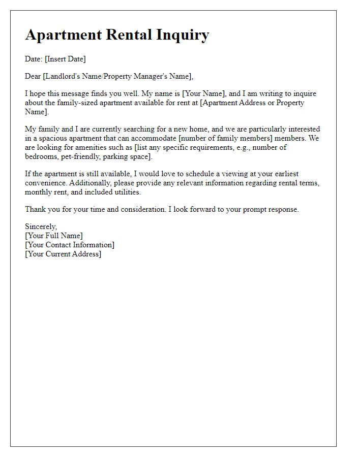 Letter template of apartment rental inquiry for a family-sized residence.