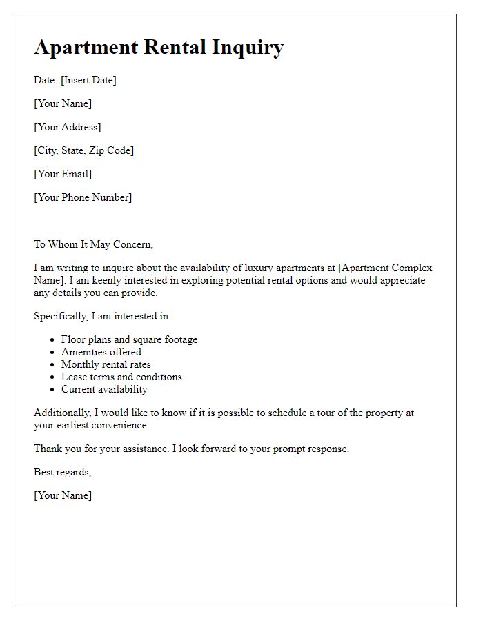 Letter template of apartment rental inquiry for a luxury apartment complex.