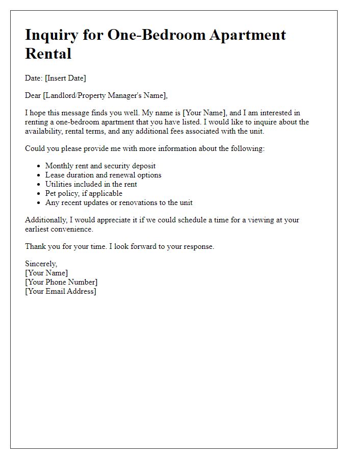 Letter template of apartment rental inquiry for a one-bedroom unit.