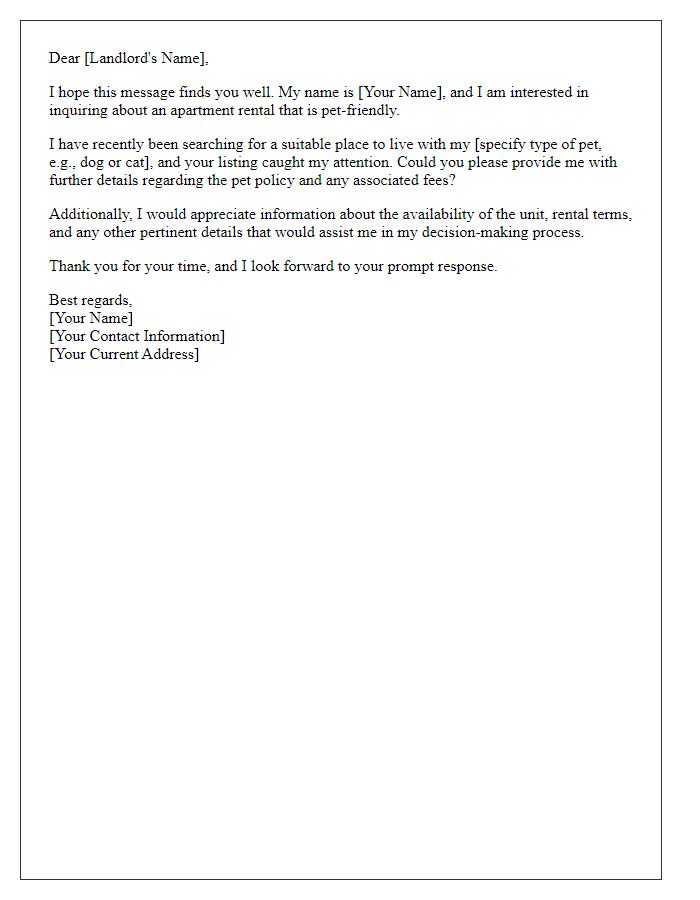 Letter template of apartment rental inquiry for a pet-friendly option.