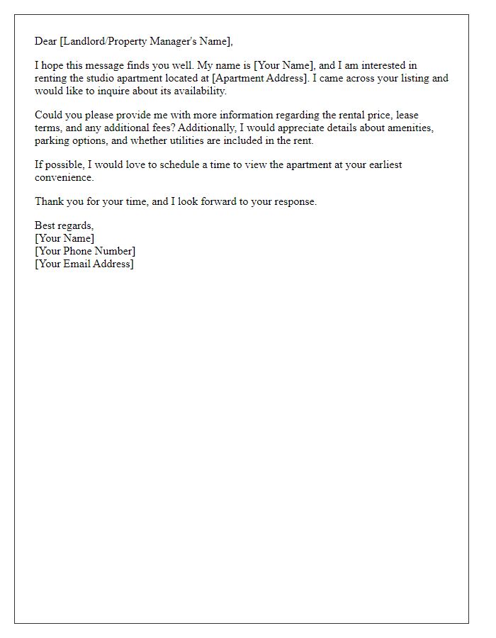 Letter template of apartment rental inquiry for a studio apartment.