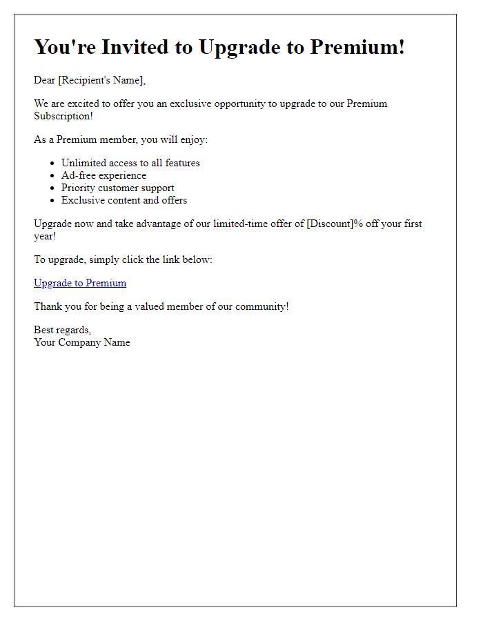 Letter template of premium subscription upgrade invitation