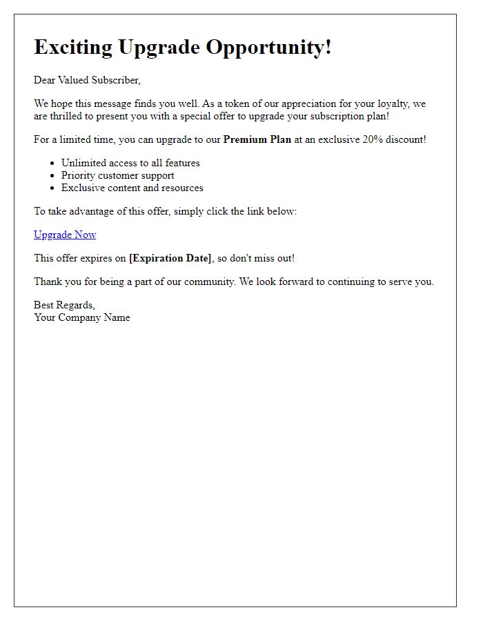 Letter template of special offer for subscription plan upgrade