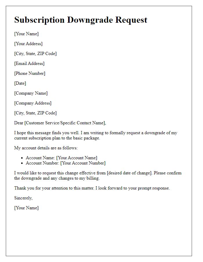 Letter template of subscription downgrade request for basic package