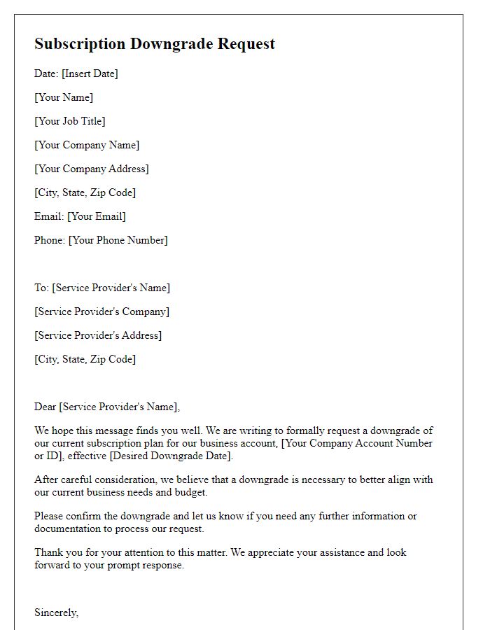 Letter template of subscription downgrade request for business account