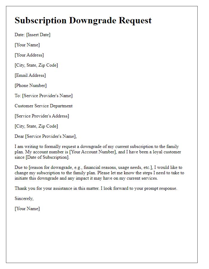 Letter template of subscription downgrade request for family plan