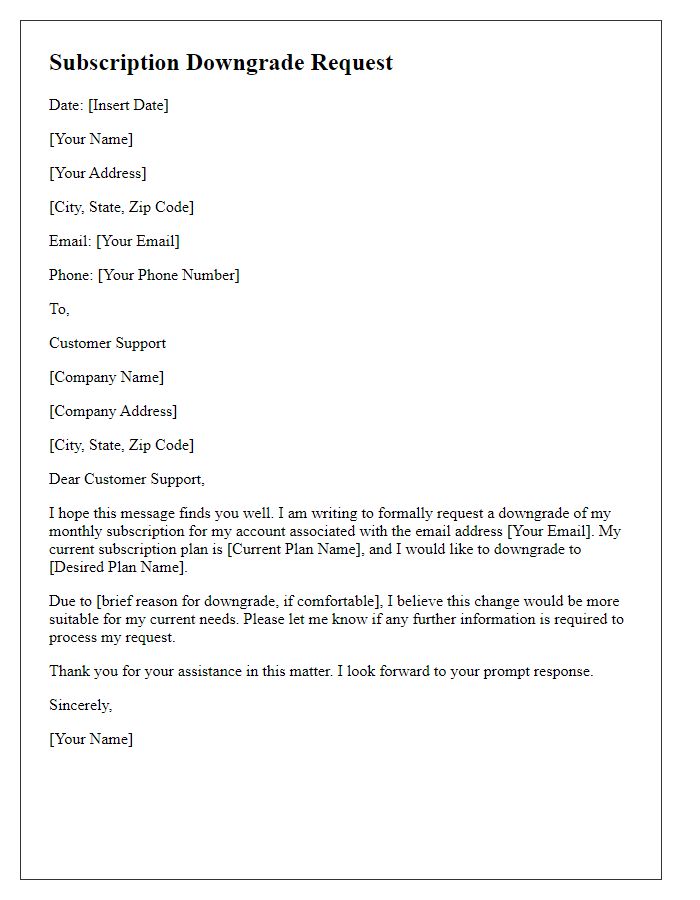 Letter template of subscription downgrade request for monthly subscription