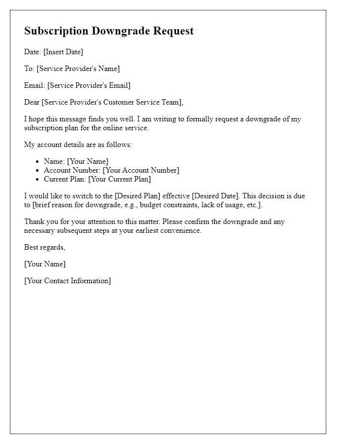 Letter template of subscription downgrade request for online service