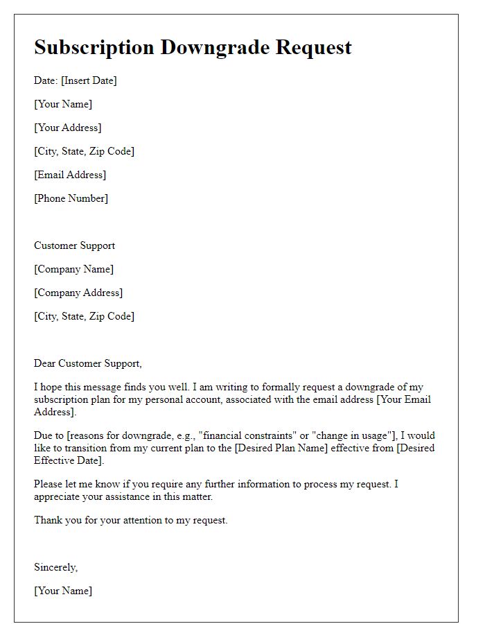 Letter template of subscription downgrade request for personal account