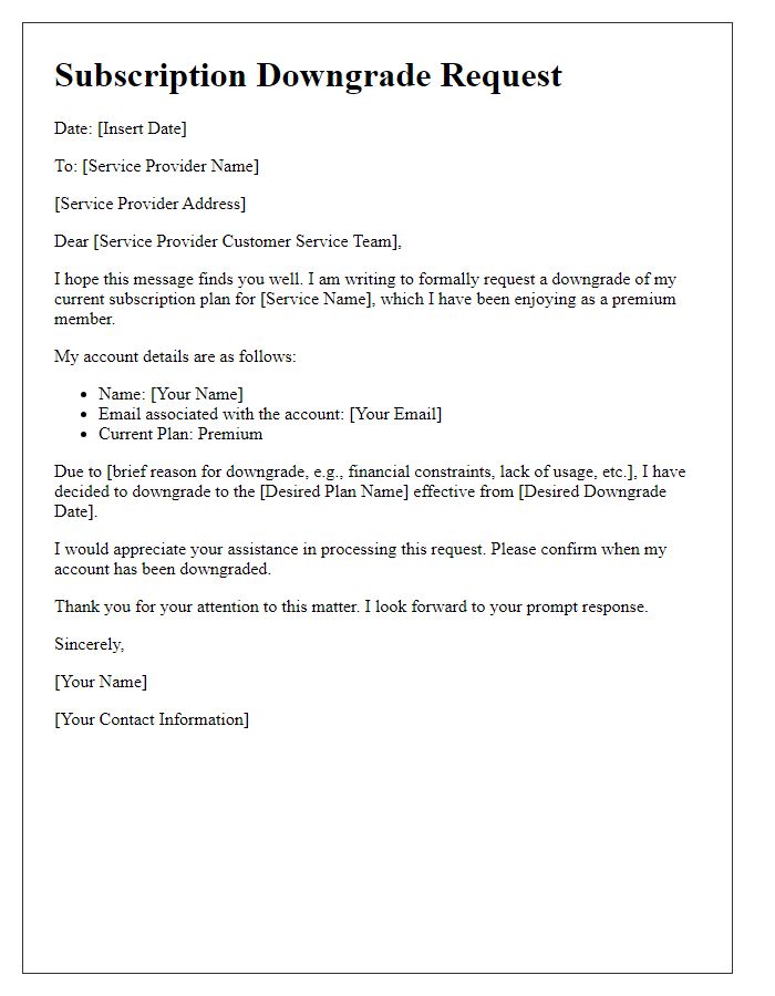 Letter template of subscription downgrade request for premium service