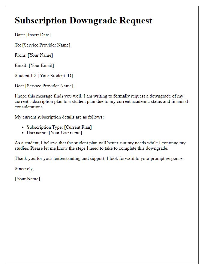 Letter template of subscription downgrade request for student plan