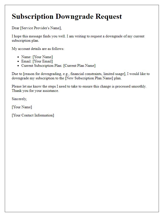 Letter template of subscription downgrade request for trial users