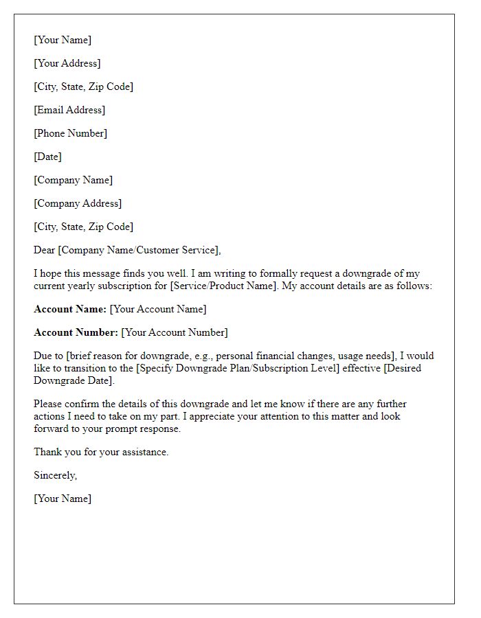 Letter template of subscription downgrade request for yearly subscription