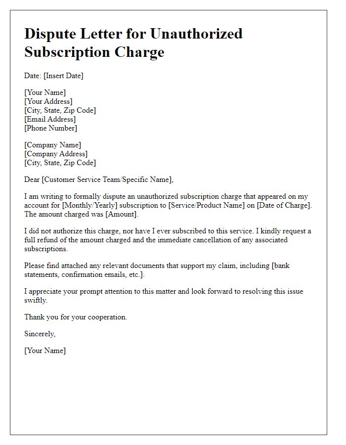 Letter template of dispute for unauthorized subscription charge refund.