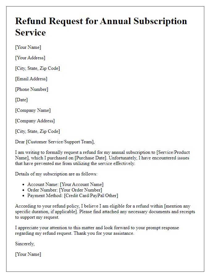 Letter template of refund request for annual subscription service.