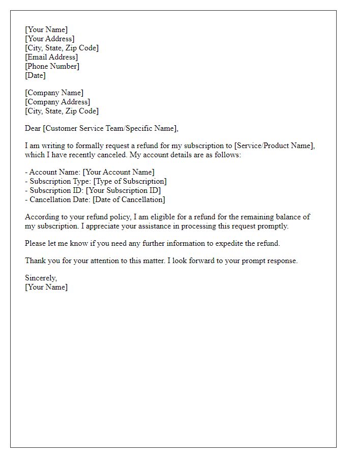 Letter template of request for subscription refund due to cancellation.