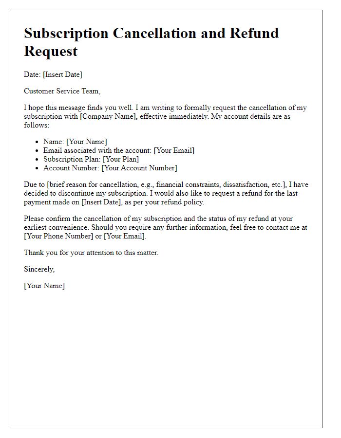 Letter template of subscription cancellation and refund request.