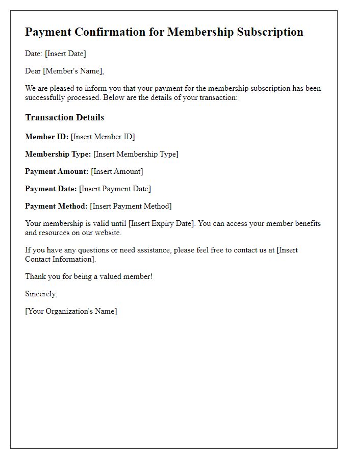 Letter template of Payment Confirmation for Membership Subscription