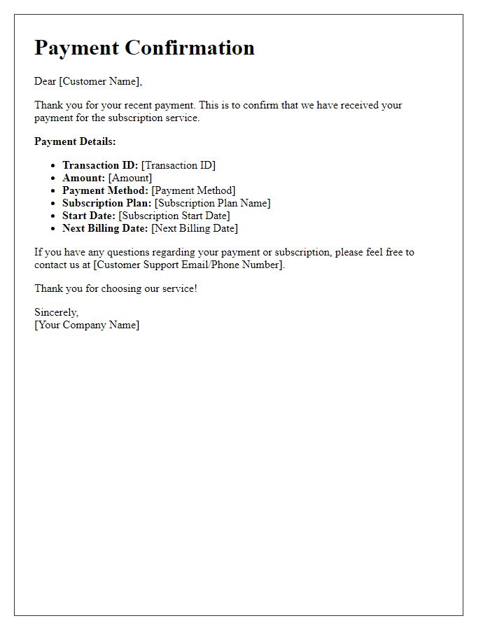 Letter template of Payment Confirmation for Subscription Service