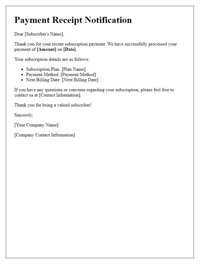 Letter template of Subscription Payment Receipt Notification