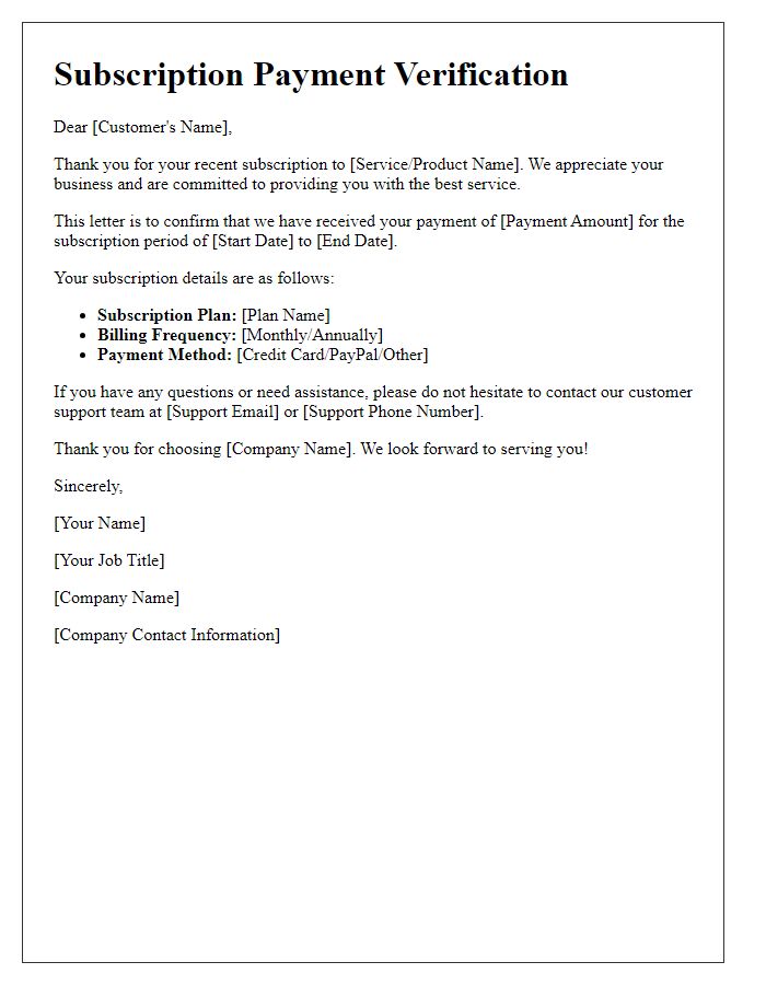 Letter template of Subscription Payment Verification
