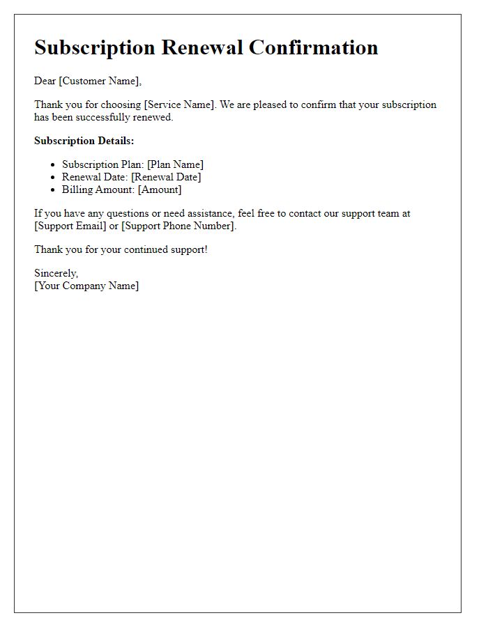 Letter template of Subscription Renewal Confirmation