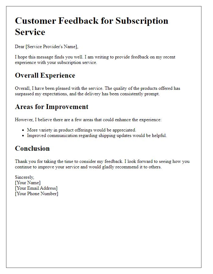 Letter template of Customer Feedback for Subscription Service