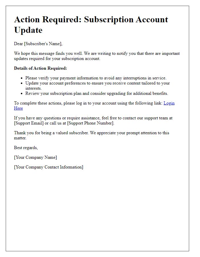 Letter template of action required for subscription account