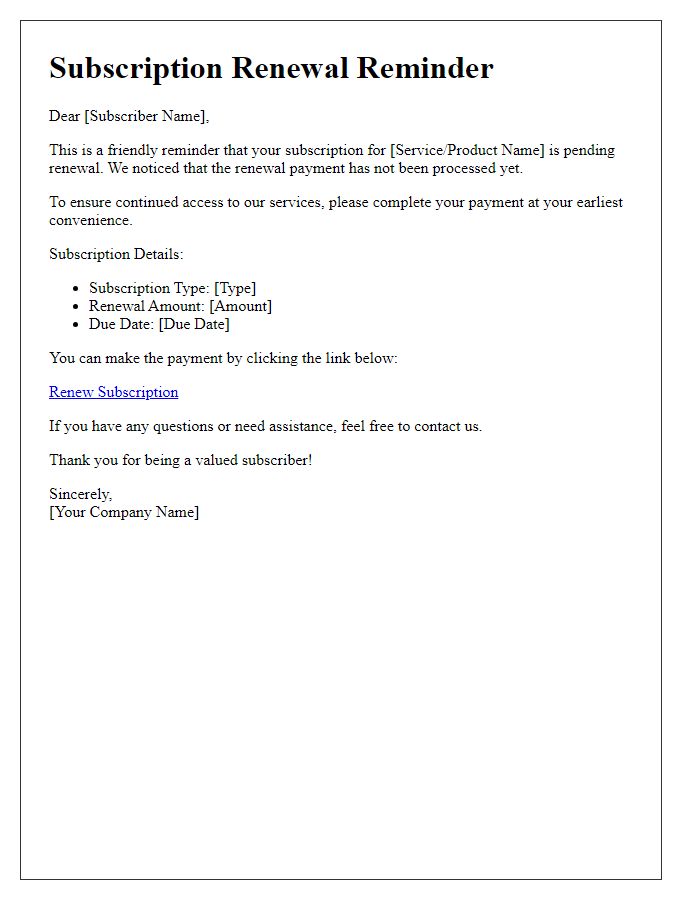 Letter template of pending subscription renewal payment