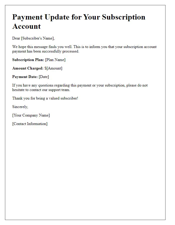 Letter template of subscription account payment update