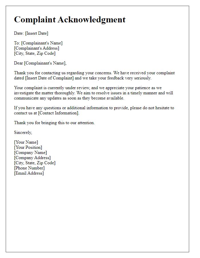 Letter template of complaint handling acknowledgment