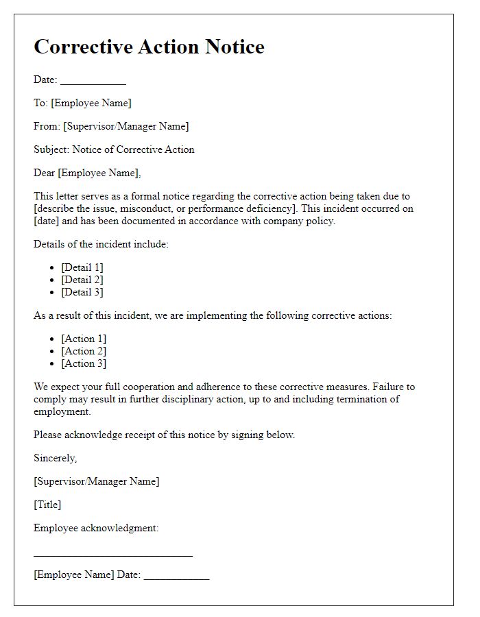 Letter template of corrective action notice